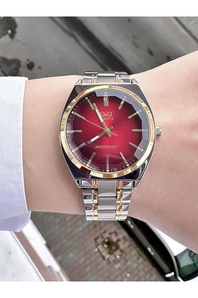 Q&Q Women's Stylish Wristwatch - Gold, Silver Metal Cord, Double Color Bezel, Line Indicator, Red Inner Dial