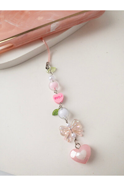 Leydia accessory Pembe Kalpli Telefon Charm Çanta ve Anahtarlık Süsü