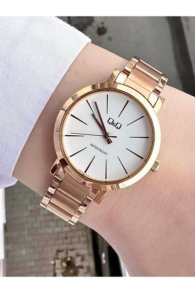 Q&Q Rose Gold White Striped Dial Indicator - Classic Watch with Metal Band