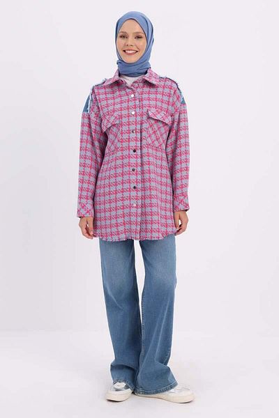 ALLDAY Pink-Blue-Denim Garnished Tweed Shirt Tunic