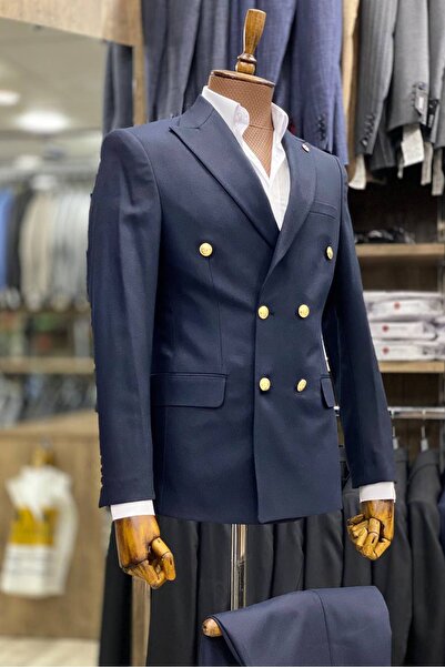 TUNAHAN ERKEK GİYİM Slimfit Kesim Erkek Kruvaze Duz Desen Takım Elbise-LACİVERT