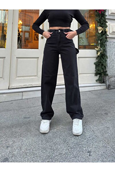 SHEVEGA Women's Black Side Buckle Wide Cut Baggy Baggy Leg Jeans Jeans Pants