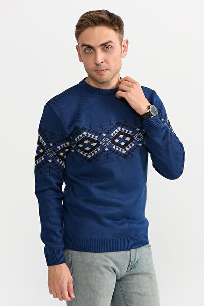 TUNAHAN ERKEK GİYİM Slimfit Kilim Desen Kazak 234-mavi
