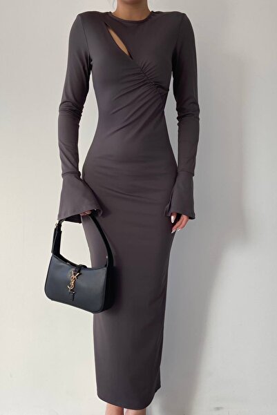 bayansepeti Димчаста еластична тканина, декольте та драпірування, довгі рукави, максі-сукня для вечірнього виходу 290