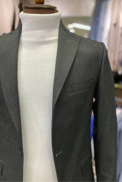 TUNAHAN ERKEK GİYİM Slimfit Kesim Erkek Düz Desen Tek Ceket-FÜME