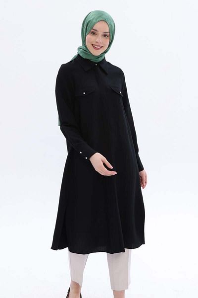 ALLDAY Black-Slit Linen Shirt Tunic