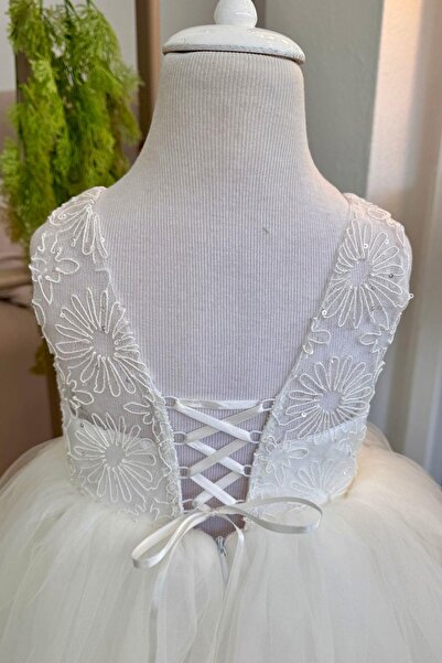 Turuncu Gardrop Güpür Çiçek Desenli Kız Çocuk Abiye Gelinlik Beyaz