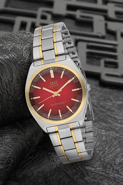 Q&Q Kadın Altın Gümüş Metal Kordon Çift Renkli Çerçeve Çizgi Göstergeli Kırmızı Iç Kadran Şık Kol Saati