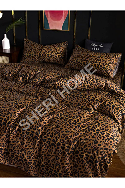 Sheri Home Tekstil Mocha Leopar Desen Lastikli Çarşaf Çift Kişilik Nevresim T...