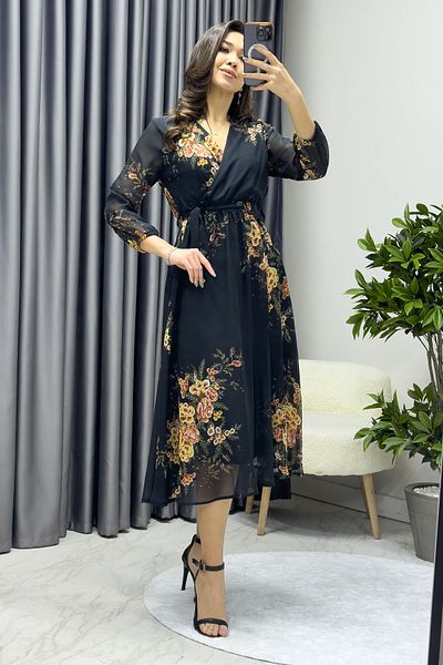 zks grup tekstil Yellow Floral and Leopard Print Double Breasted Midi Chiffon Dress - Balloon Sleeve