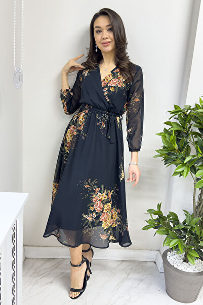 zks grup tekstil Yellow Floral and Leopard Print Double Breasted Midi Chiffon Dress - Balloon Sleeve