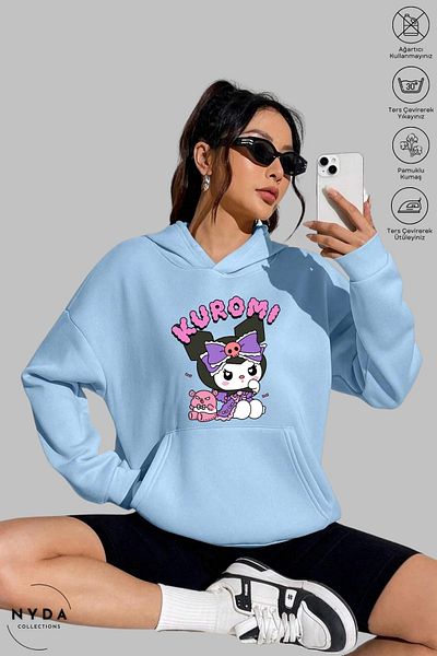 Nyda Collections Kuromi Anime με στάμπα μακρυμάνικο φούτερ με κουκούλα - φούτερ Anime με κουκούλα, βαμβακερό oversize