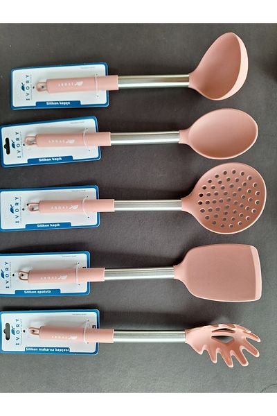 IVORY Set of 5 Silicone Spoons with Steel Handle - Spatula, Colander, Scoop and Pasta Spoon