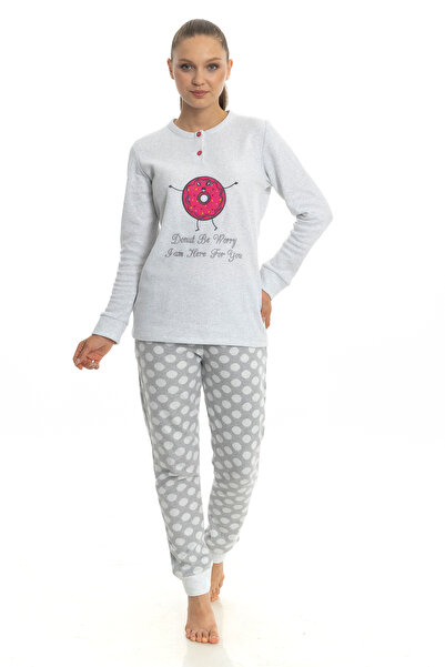 M MOONCOVER Mooncover Kadın Kışlık Pijama Takımı – Nakışlı Anne-Kız Açık Gri
