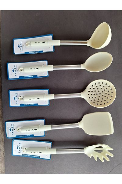 IVORY Set of 5 Silicone Spoons with Steel Handle - Spatula, Colander, Ladle and Pasta Spoon