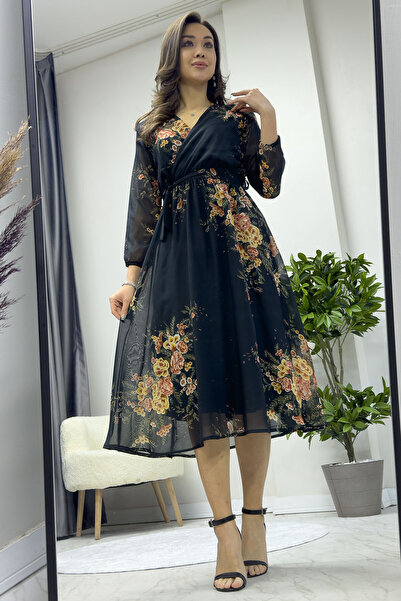 thezkscom Φόρεμα σιφόν με μοτίβο με μπαλόνι με διπλό στήθος Midi μήκους κίτρινο λουλούδι, λουλούδι ρόδι, λεοπάρ