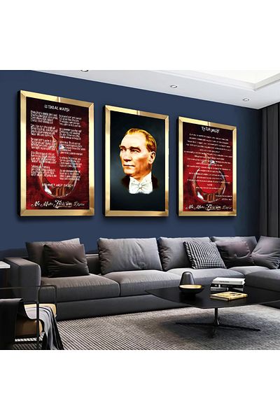 Zevahir Mobilya Dekorasyon Set de picturi din MDF triplu auriu cu cadru din plexiglas cu oglindă aurie, Hymnul Ataturk și Hitabe pentru tineret