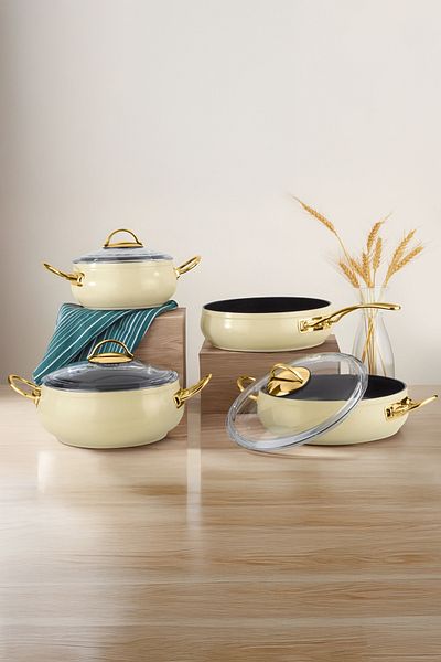 Lines L-5094-1 Clover Hot Pot 7-Piece Globe Cookware Set - Cream Gold Handle