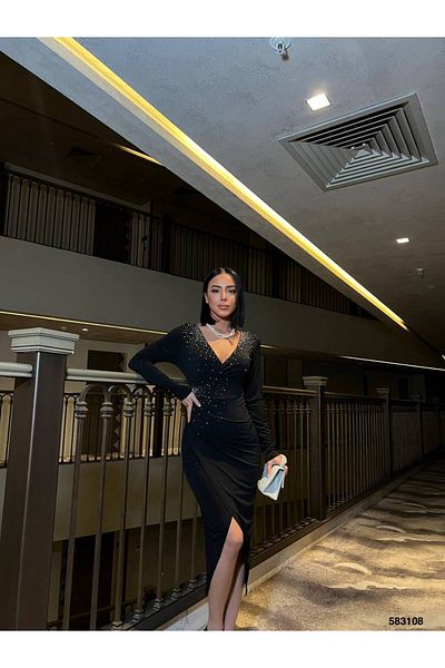 Trendusfashion Γυναικείο βραδινό φόρεμα μίντι γυναικείο φόρεμα με μακρυμάνικο ντραπέ με λαιμόκοψη V με πέτρα - Chic για ειδικές περιστάσεις