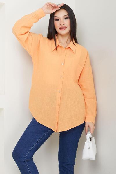 SENSTIL قميص كتان برتقالي كبير الحجم - جيب SS2651