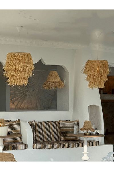 Maison Avf Set of 2 Samos Large Tassel Raffia Wicker Handmade Bohemian Design Pendant Lamp Chandelier (2 Pcs)