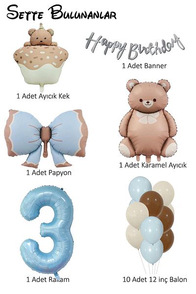 Patladı Gitti Retro 3 Year Old Teddy Bear Themed Baby Boy Concept Birthday Set