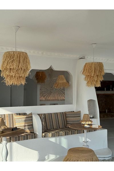 Maison Avf Set of 2 Samos Large Tassel Raffia Wicker Handmade Bohemian Design Pendant Lamp Chandelier (2 Pcs)