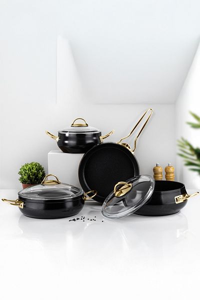 Lines L-5094 Clover Hot Pot 7-Piece Globe Cookware Set - Black Gold Handle
