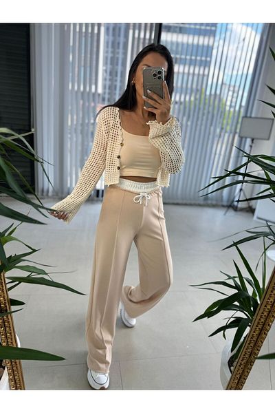 caddstore Gk White Waist Detailed Powder Trousers