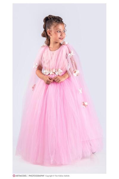 Magu Kız Çocuk Çiçek Desenli Astarlı Pelerinli Abiye