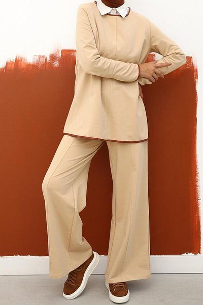 ALLDAY Bej01-Leather Lycra Knitted Suit with Piping Trousers