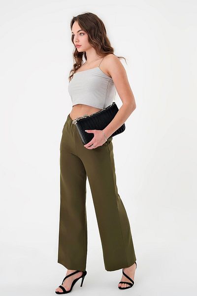 Hazel Women's Khaki Elastic Waist Palazzo Trousers