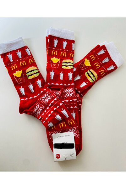 bubutik 3 ÇİFT HAMBURGER DESENLİ KADIN SOKET ÇORAP