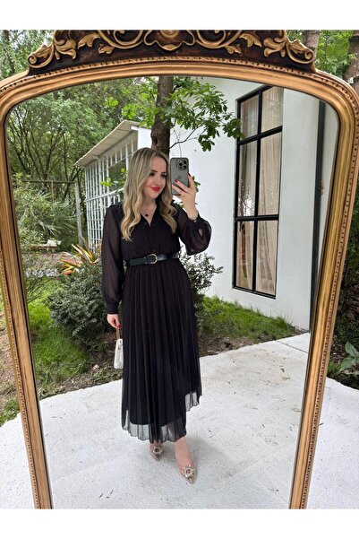 Byelifdursun Carmen Piliseli Kemerli Şifon Elbise Lacivert Puantiye