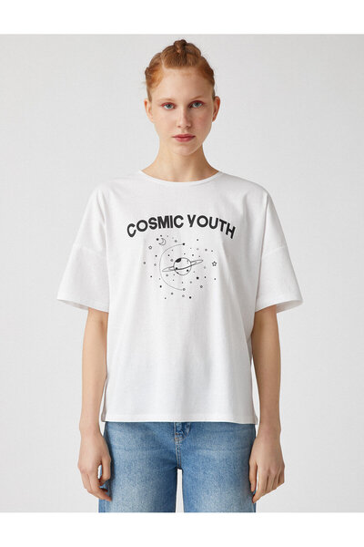 Koton Dámské tričko s dopisním potiskem s výstřihem