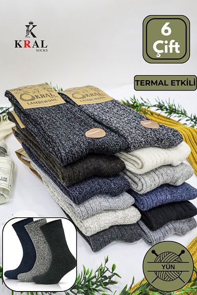 KRAL SOCKS 6 чифта мъжки зимни чорапи от агнешка вълна - термо ефект EBRULİ