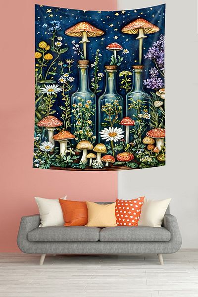 on the clouds Retro Red Mushrooms and Stars Carpet - Stain Resistant Wall Cover Tapestry
