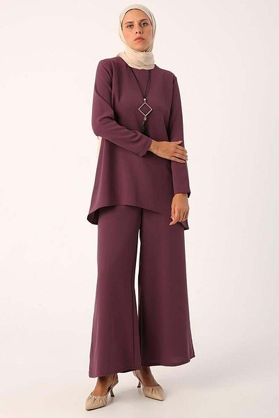 ALLDAY Purple Necklace Wide Leg Trousers Tunic Suit
