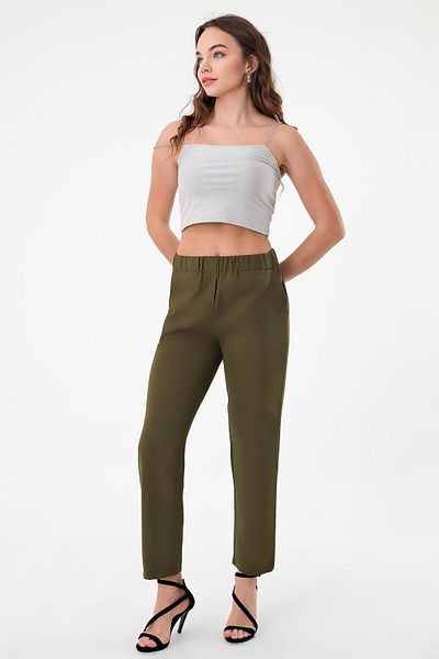 Hazel Women's Khaki Elastic Waist Slim Fit Trousers
