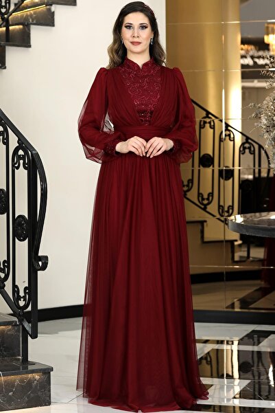 modapodyum فستان سهرة حجاب سيران بورجوندي