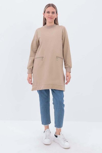 ALLDAY Sweat Tunic in Beige with Zipper Pockets
