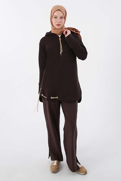 ALLDAY Bitter Coffee-Hooded Chain Glitter Detailed Raised Sweat Tunic