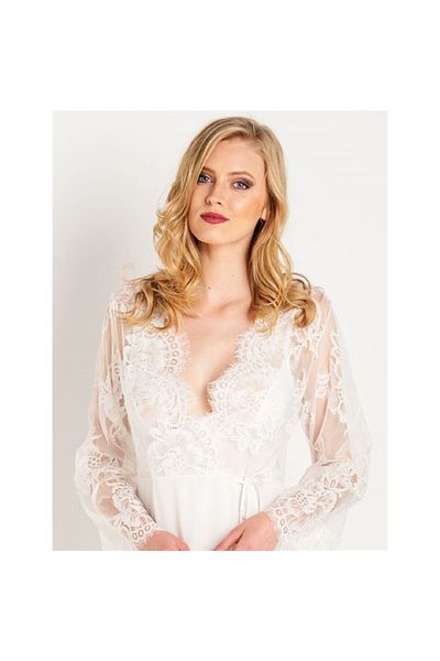 Magic Form 31770 Tasseled Lace Crepe Long Dressing Gown - Ecru
