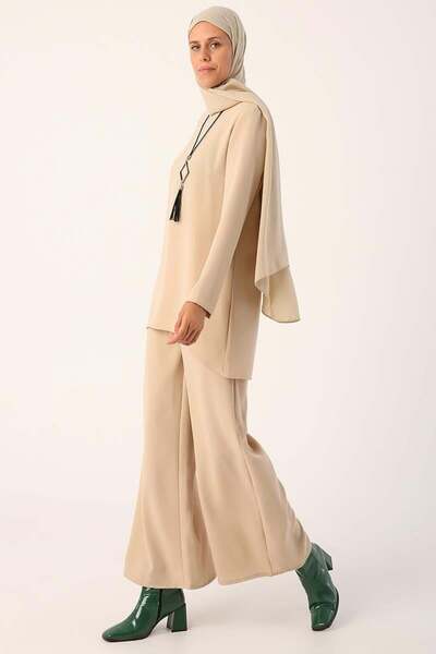 ALLDAY Beige Necklace Wide Leg Trousers Tunic Suit