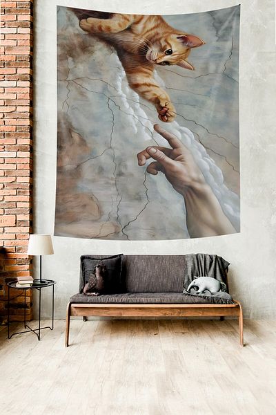 on the clouds Renaissance Adam's Creation Humor Cat Paw Stain Resistant Fabric Wall Cover Wall Tapestry Tapestry