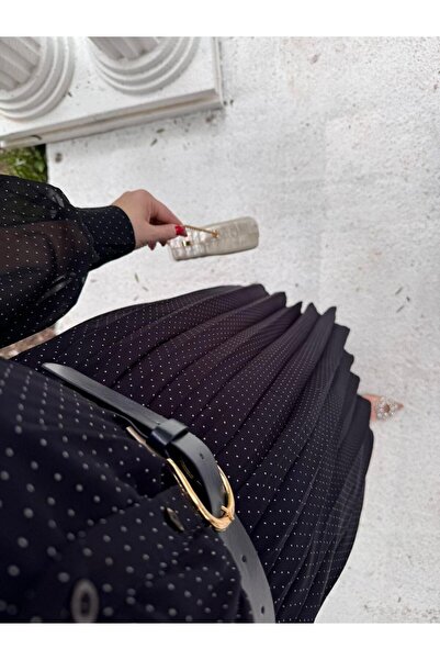 Byelifdursun Carmen Piliseli Kemerli Şifon Elbise Lacivert Puantiye