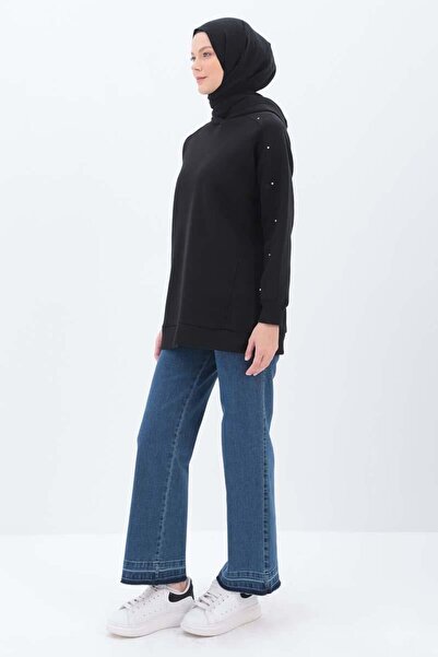 ALLDAY Siyah-KOLLARI TAŞLI KAPÜŞONLU SWEAT TUNİK