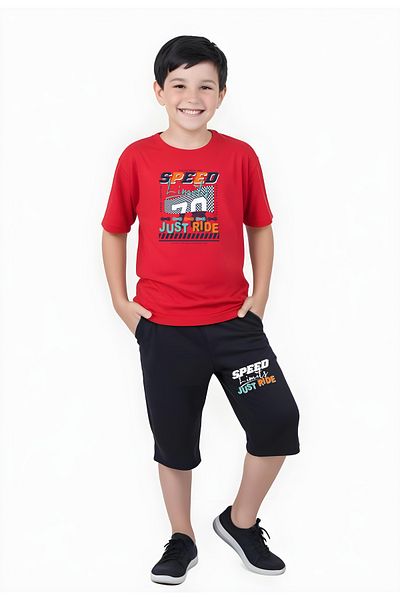 YA KO KİDS Speed Printed Boy's Double Pocket Capri Bottom-Top Suit