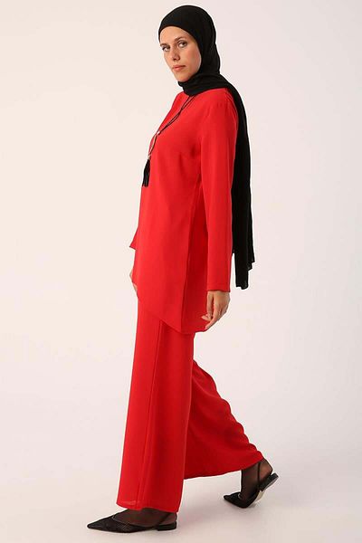 ALLDAY Red Necklace Wide Leg Trousers Tunic Suit