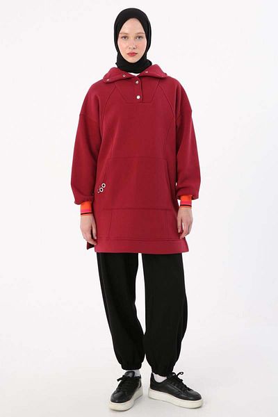 ALLDAY Burgundy-Snap Collar Ribbed Detailed Raised Sweat Tunic